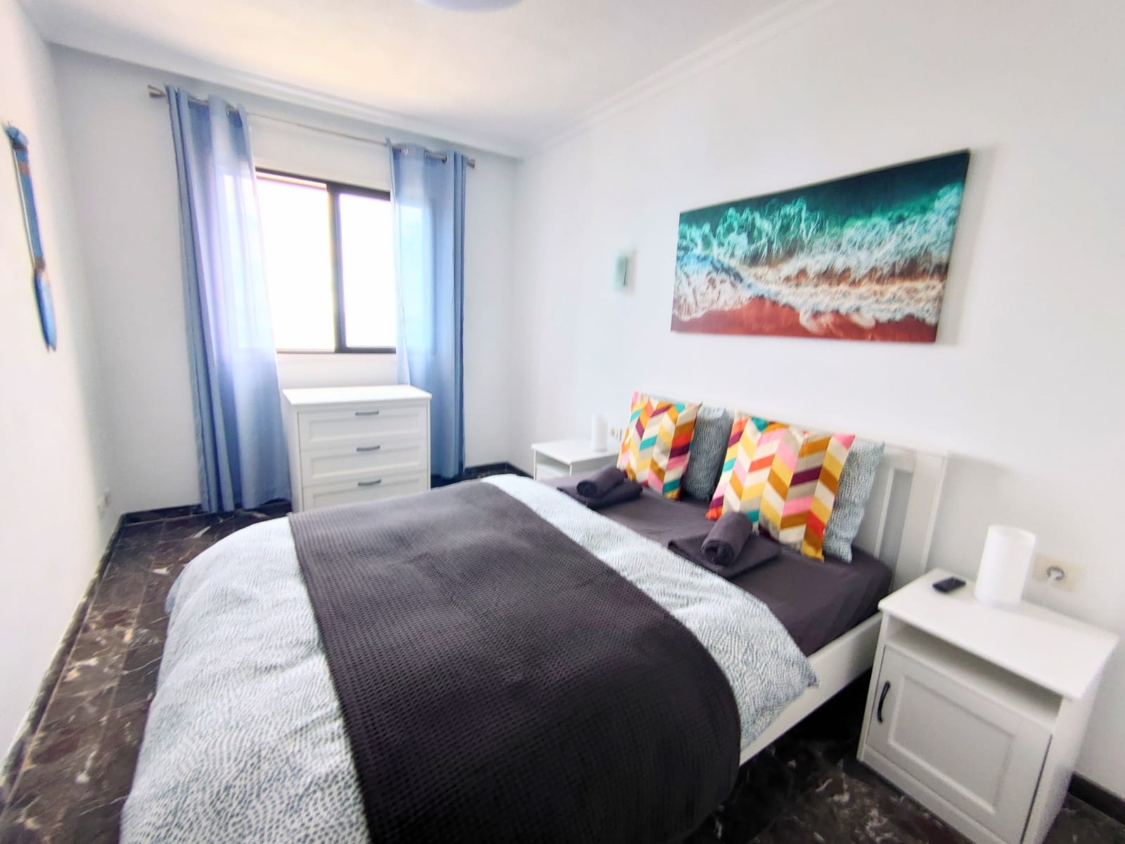 Room ready for guests in the bedroom of Buenavista The Blue Oyster, Los Gigantes.