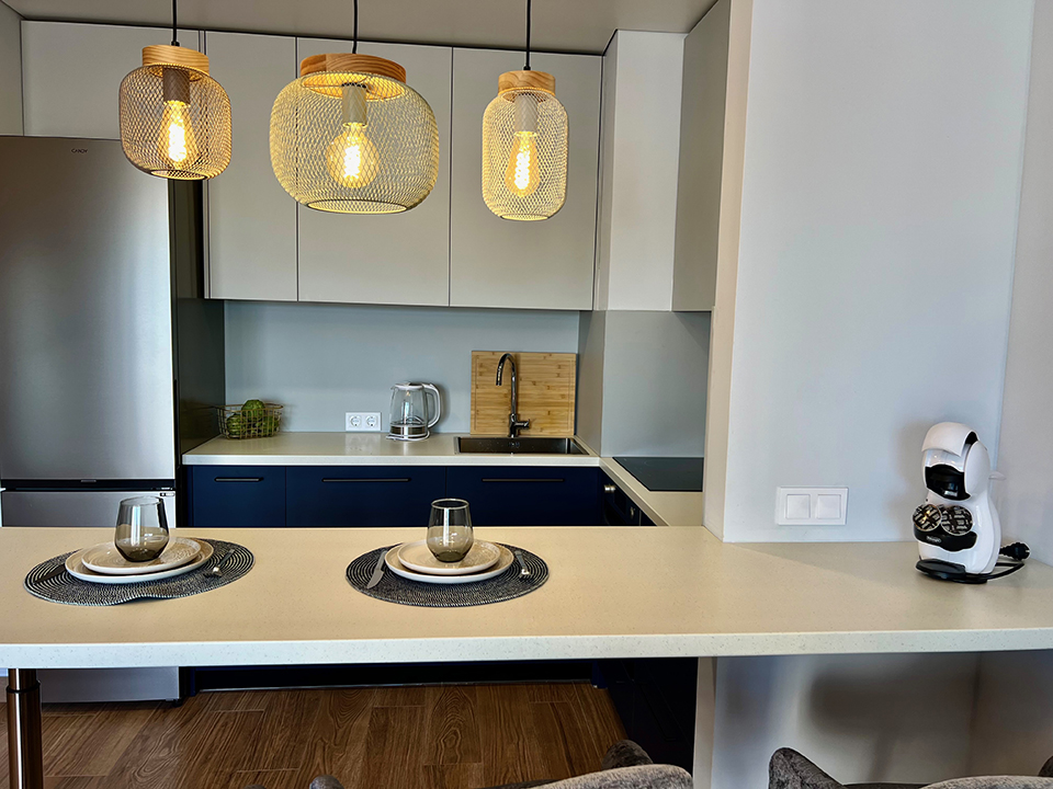 Kitchenette of the apartment with modern built-in furniture and an island, connected to the living area.