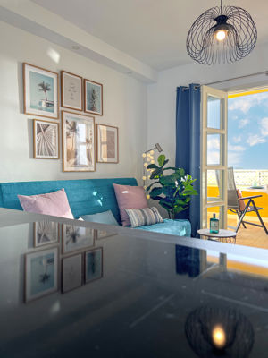 Living room with comfortable sofas at Orlando Sea View, Costa Adeje.